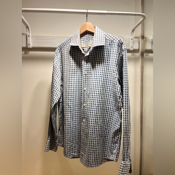 BUGATCHI shape fit, tailored men’s blue checkered dress shirt, large - Picture 3 of 13